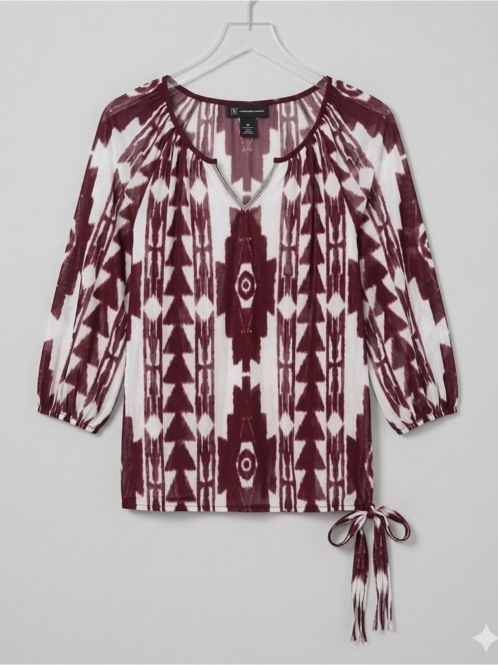 INC International Concepts Burgundy White Mesh Overlay Blouse - Size Petite L